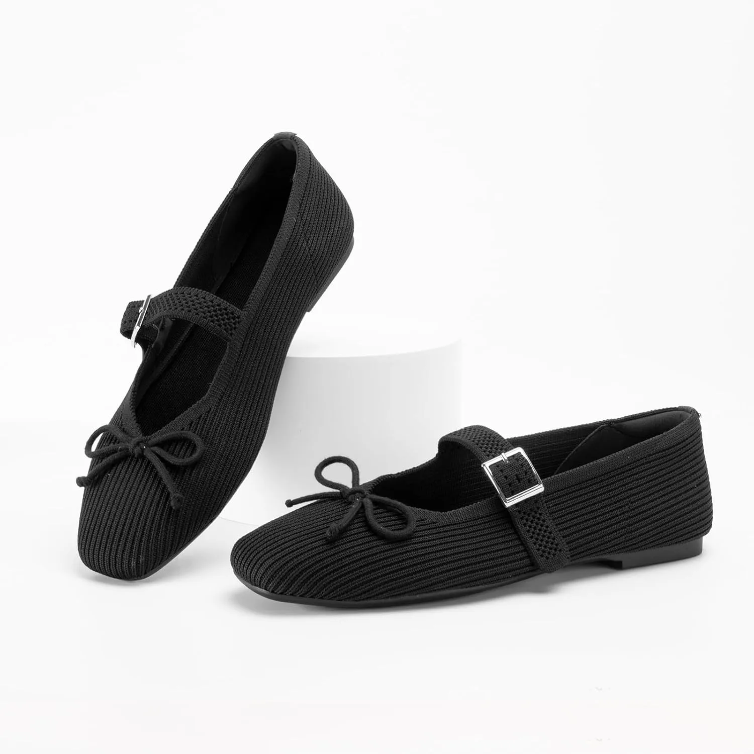 Women's Square Toe Flats With Bowknot, Mary Jane Ballet Washable Knit Shoes, Adjustable Straps, Comfortable Office Wear