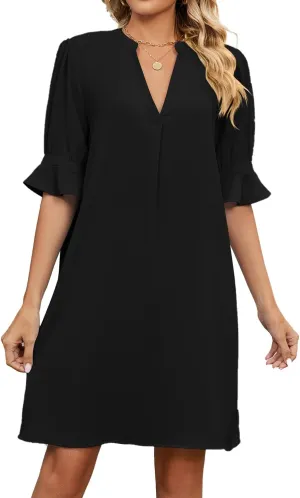 Women's Stylish 2025 Summer New Solid Color V Neck Loose Five Point Sleeve Dresses, Stylish and Comfortable Dress