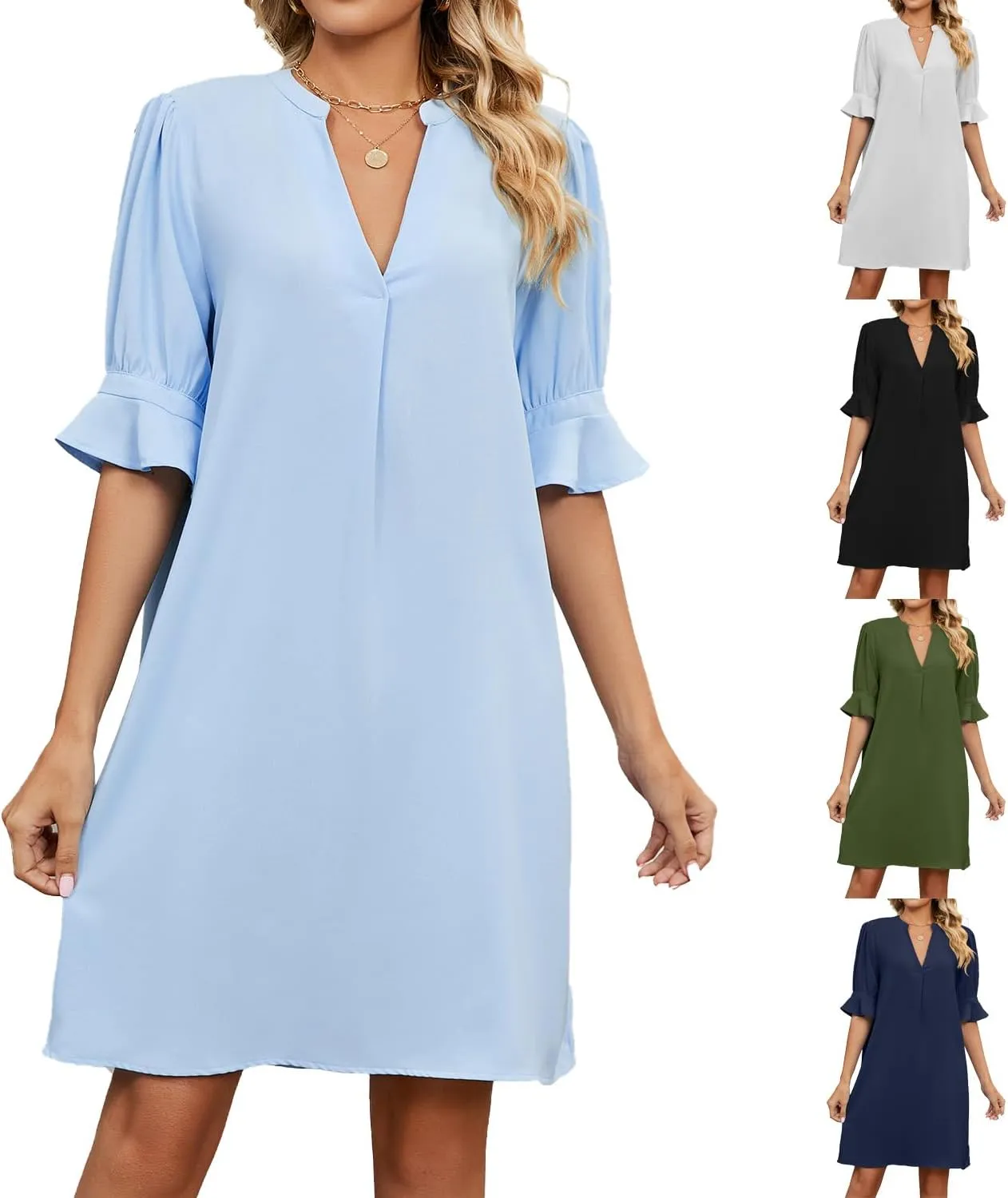 Women's Stylish 2025 Summer New Solid Color V Neck Loose Five Point Sleeve Dresses, Stylish and Comfortable Dress