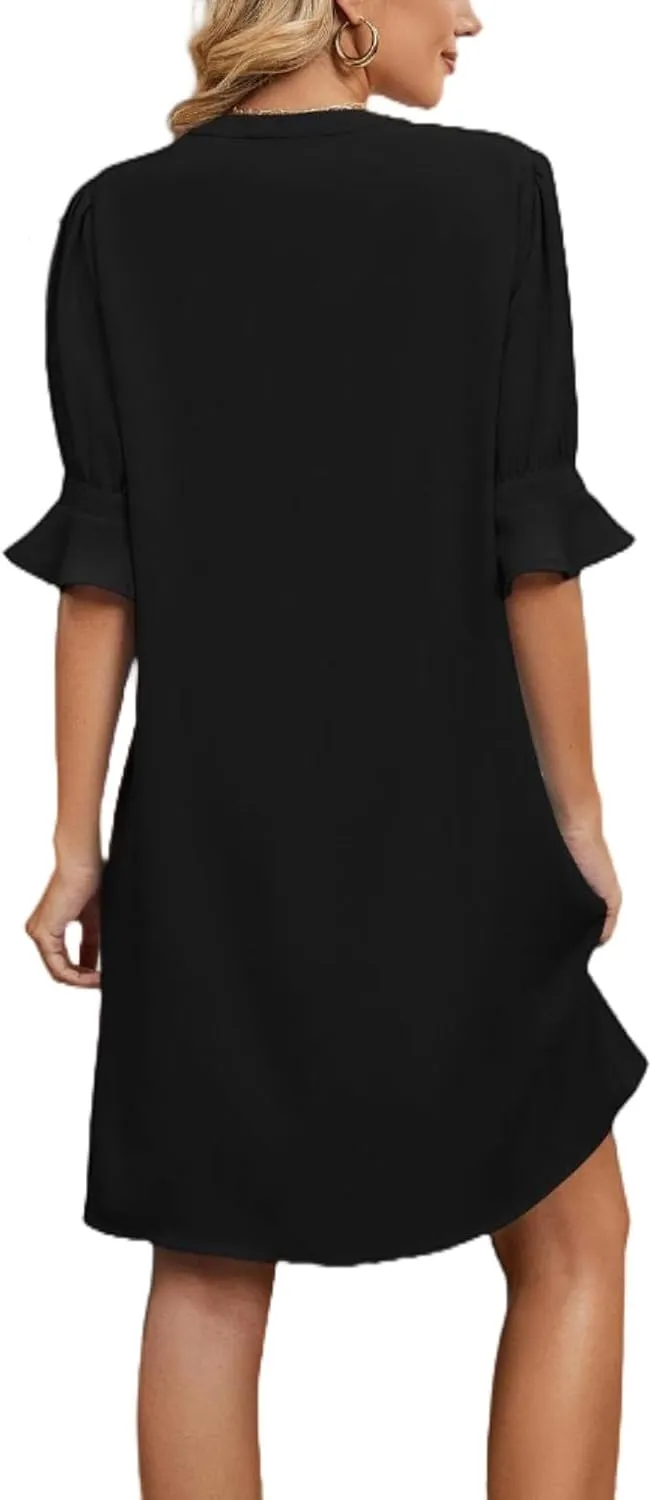Women's Stylish 2025 Summer New Solid Color V Neck Loose Five Point Sleeve Dresses, Stylish and Comfortable Dress