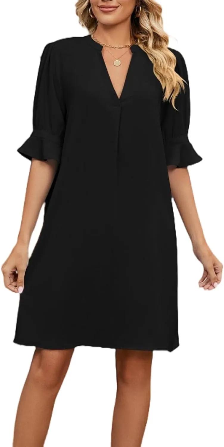 Women's Stylish 2025 Summer New Solid Color V Neck Loose Five Point Sleeve Dresses, Stylish and Comfortable Dress