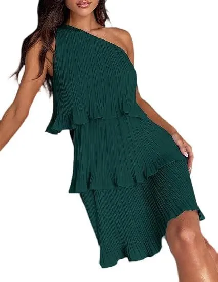 Women's Summer Cake Dress, Diagonal Shoulder Dress, Layered Stitching Hem and Solid Color Dresses