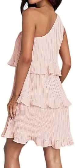 Women's Summer Cake Dress, Diagonal Shoulder Dress, Layered Stitching Hem and Solid Color Dresses