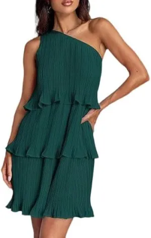 Women's Summer Cake Dress, Diagonal Shoulder Dress, Layered Stitching Hem and Solid Color Dresses