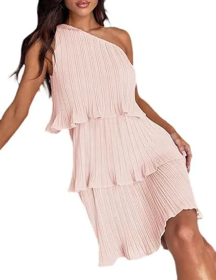 Women's Summer Cake Dress, Diagonal Shoulder Dress, Layered Stitching Hem and Solid Color Dresses