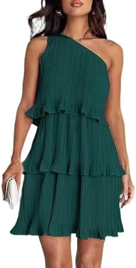 Women's Summer Cake Dress, Diagonal Shoulder Dress, Layered Stitching Hem and Solid Color Dresses