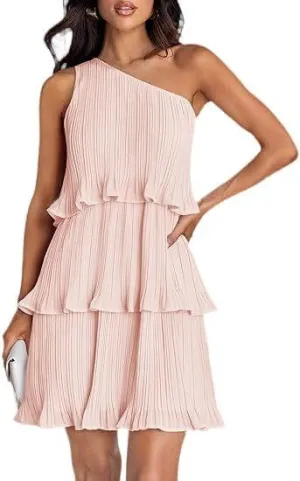 Women's Summer Cake Dress, Diagonal Shoulder Dress, Layered Stitching Hem and Solid Color Dresses