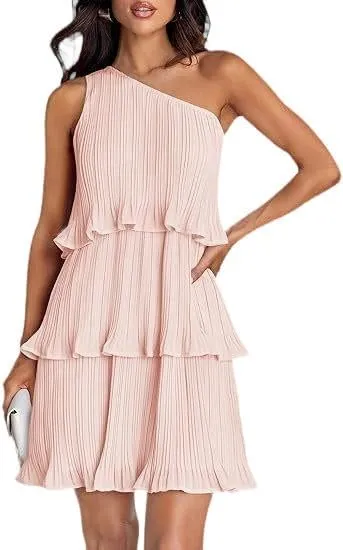 Women's Summer Cake Dress, Diagonal Shoulder Dress, Layered Stitching Hem and Solid Color Dresses