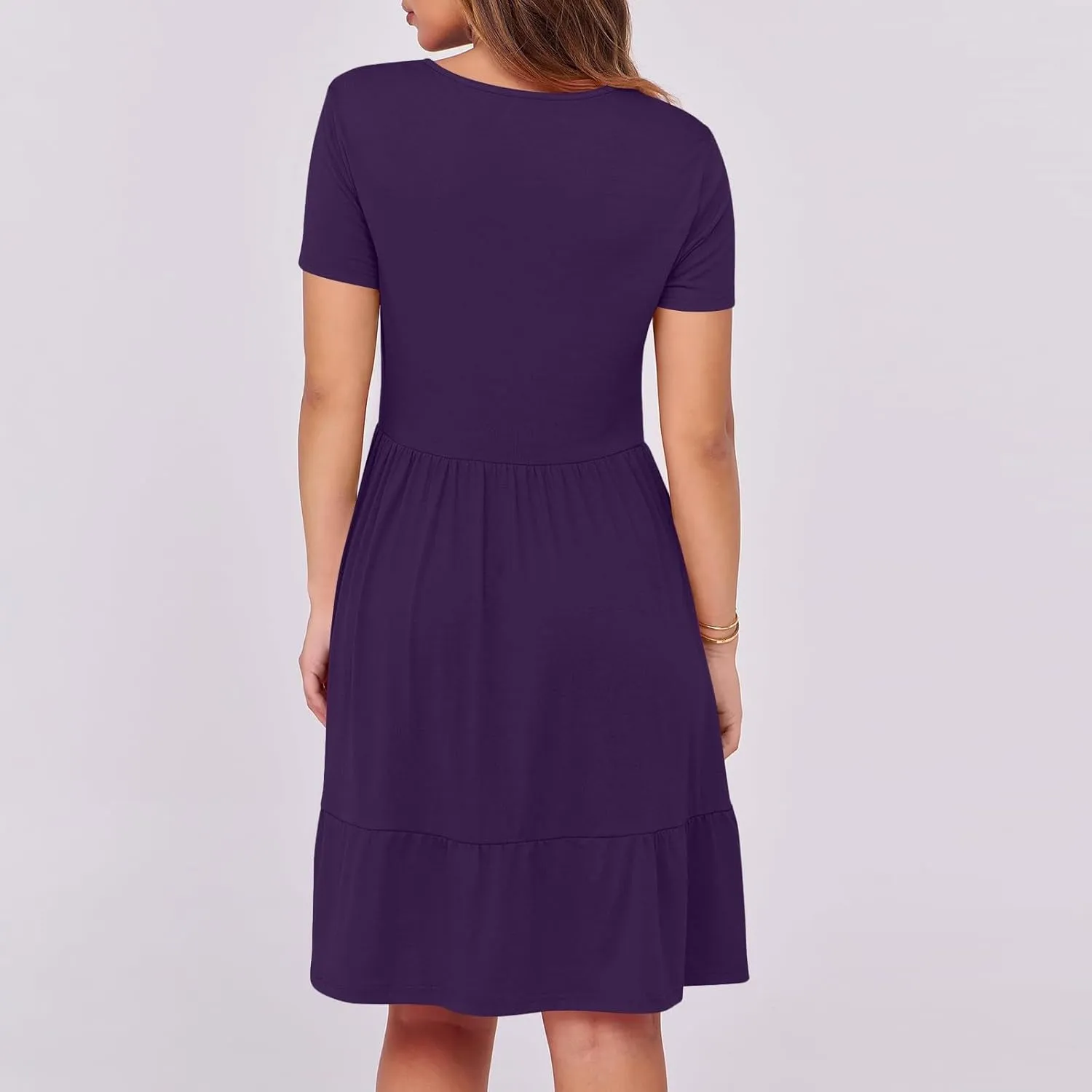 Women's Summer Casual Short Sleeve Square Neck Swing Dress Basic Flowy Midi Beach Dress Solid Color Wrap Sundress