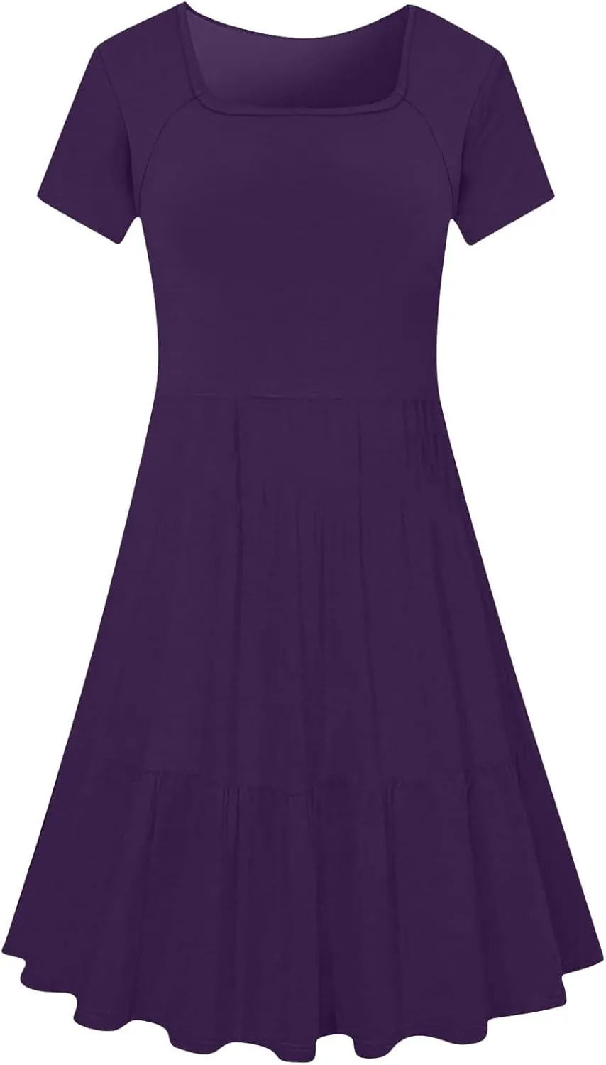 Women's Summer Casual Short Sleeve Square Neck Swing Dress Basic Flowy Midi Beach Dress Solid Color Wrap Sundress