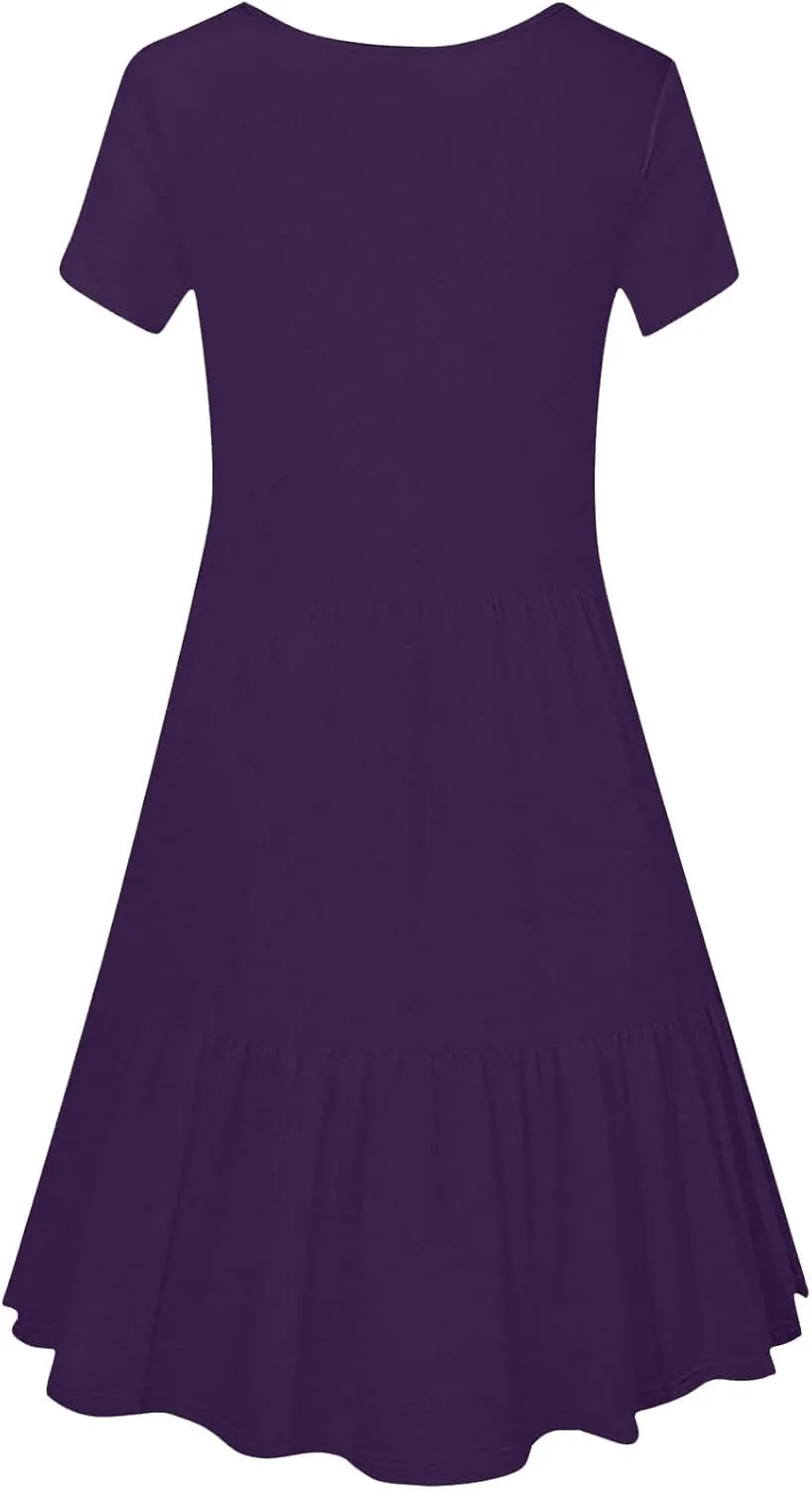Women's Summer Casual Short Sleeve Square Neck Swing Dress Basic Flowy Midi Beach Dress Solid Color Wrap Sundress