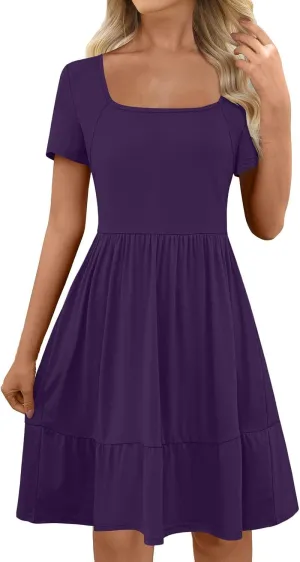 Women's Summer Casual Short Sleeve Square Neck Swing Dress Basic Flowy Midi Beach Dress Solid Color Wrap Sundress