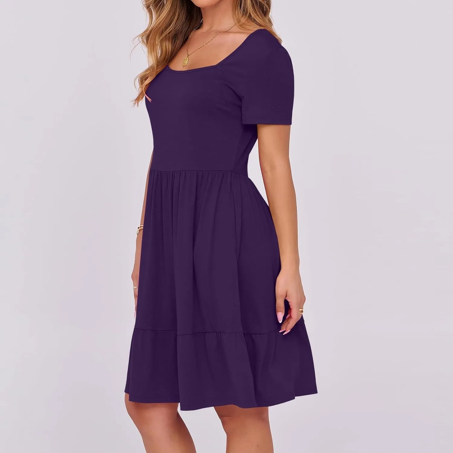 Women's Summer Casual Short Sleeve Square Neck Swing Dress Basic Flowy Midi Beach Dress Solid Color Wrap Sundress