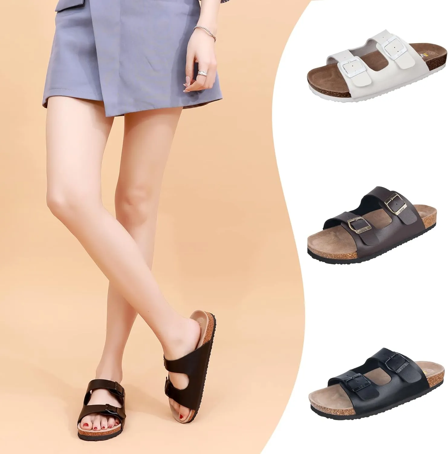 Women's Summer Sandals with Cork Footbed & Adjustable Buckle Suede Straps Open Toe Slides for Beach Vacation