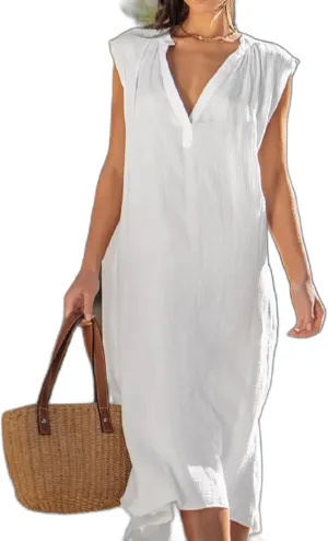 Women's Summer Sleeveless Linen Tank Dress, Loose A-Line Tiered Tunic Beach Dress Casual Deep V-Neck Solid Color Dress