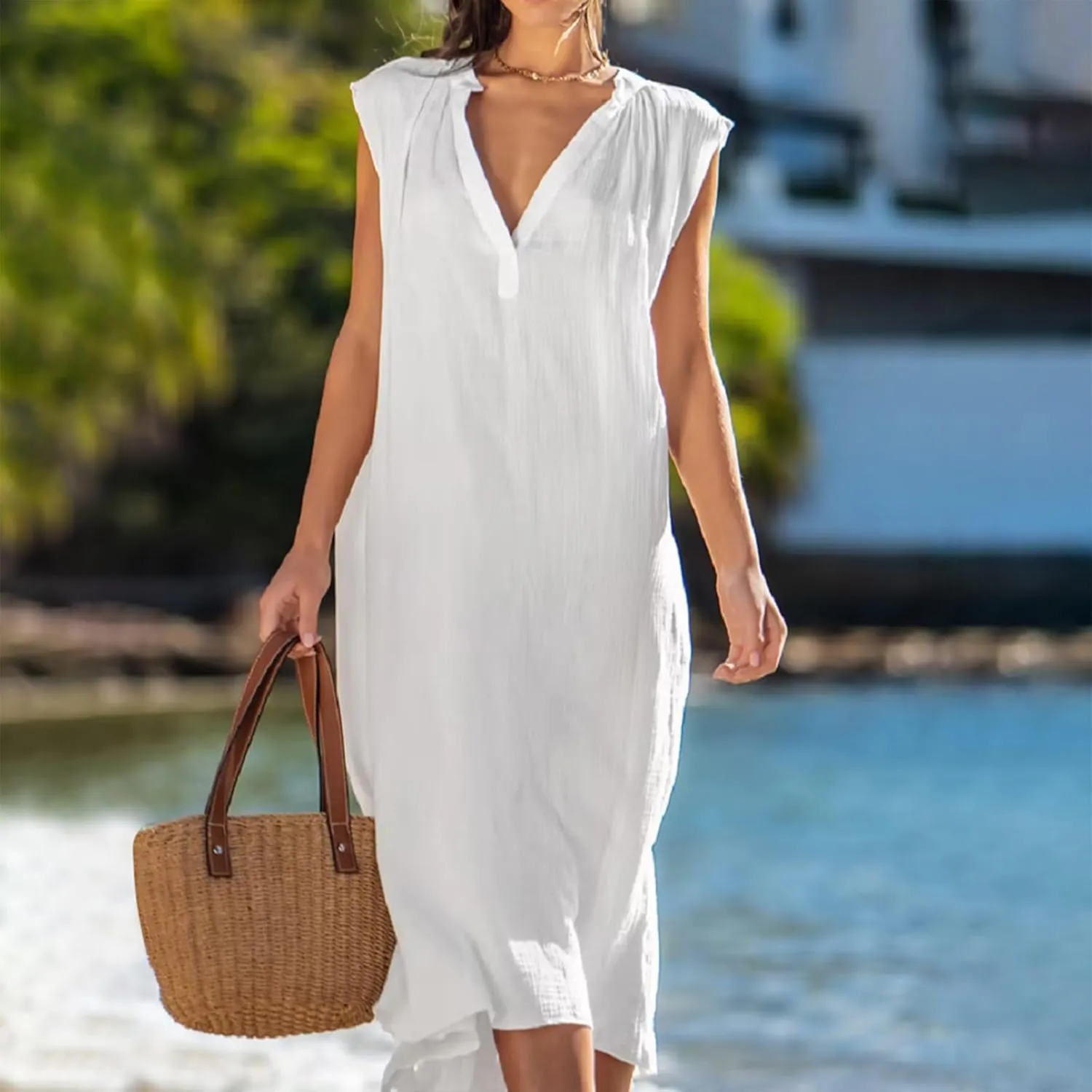 Women's Summer Sleeveless Linen Tank Dress, Loose A-Line Tiered Tunic Beach Dress Casual Deep V-Neck Solid Color Dress