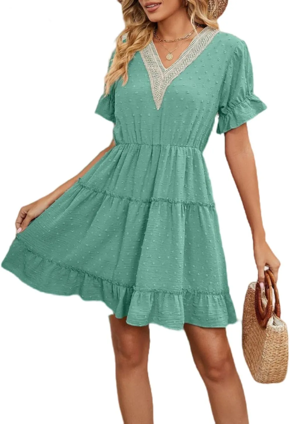 Women's V Neck Dresses, Jacquard Hairball Loose Fashion Solid Elastic Waist Dress, Summer Half Sleeve Beach Sundress