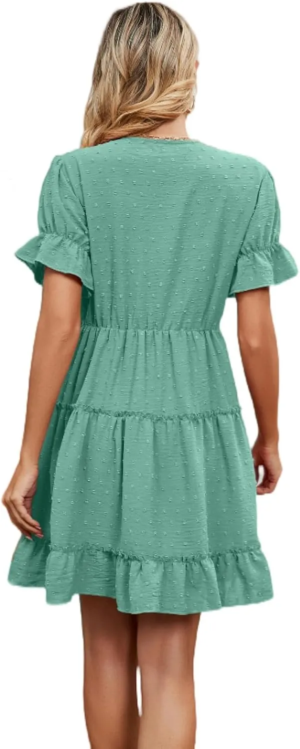 Women's V Neck Dresses, Jacquard Hairball Loose Fashion Solid Elastic Waist Dress, Summer Half Sleeve Beach Sundress