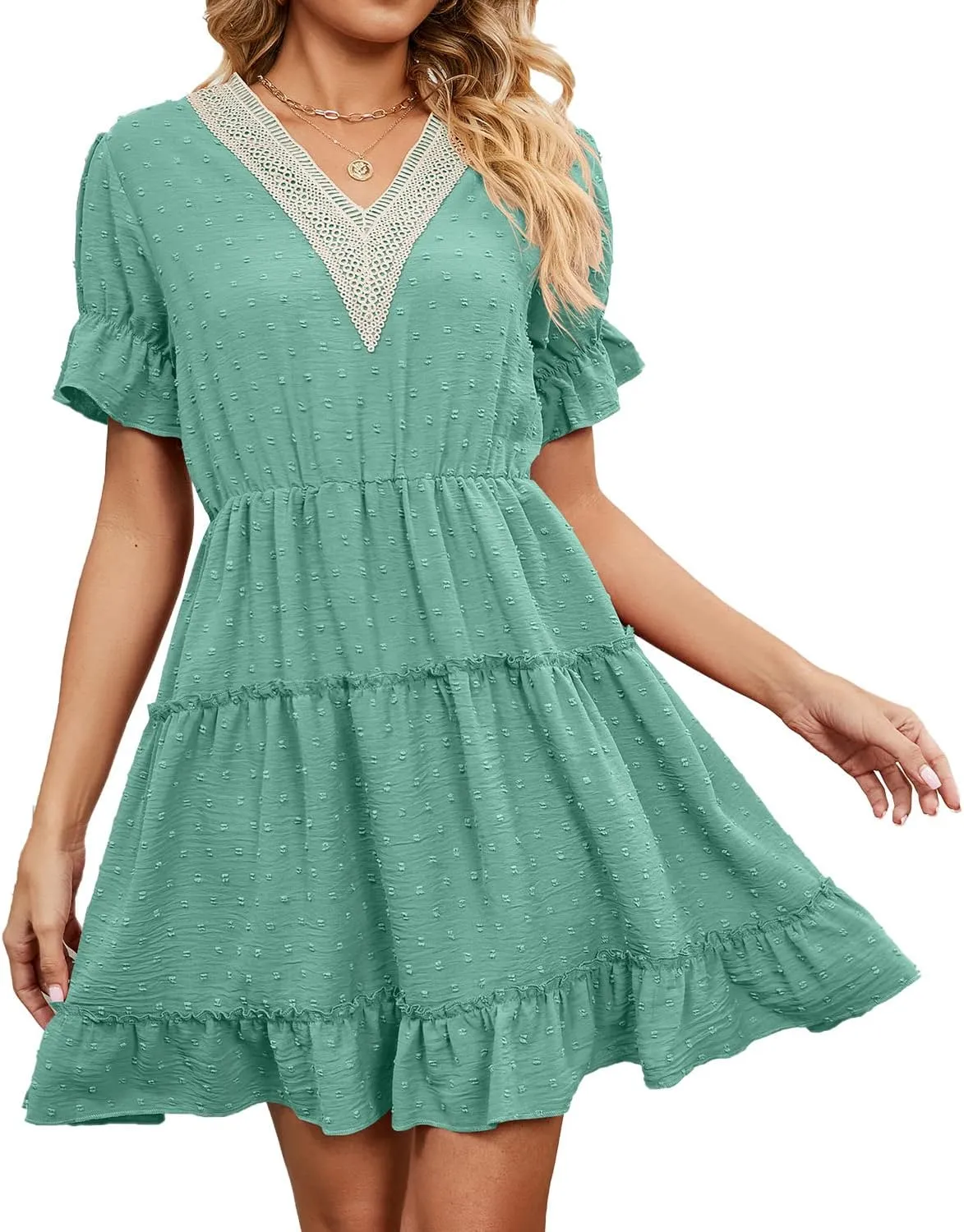 Women's V Neck Dresses, Jacquard Hairball Loose Fashion Solid Elastic Waist Dress, Summer Half Sleeve Beach Sundress