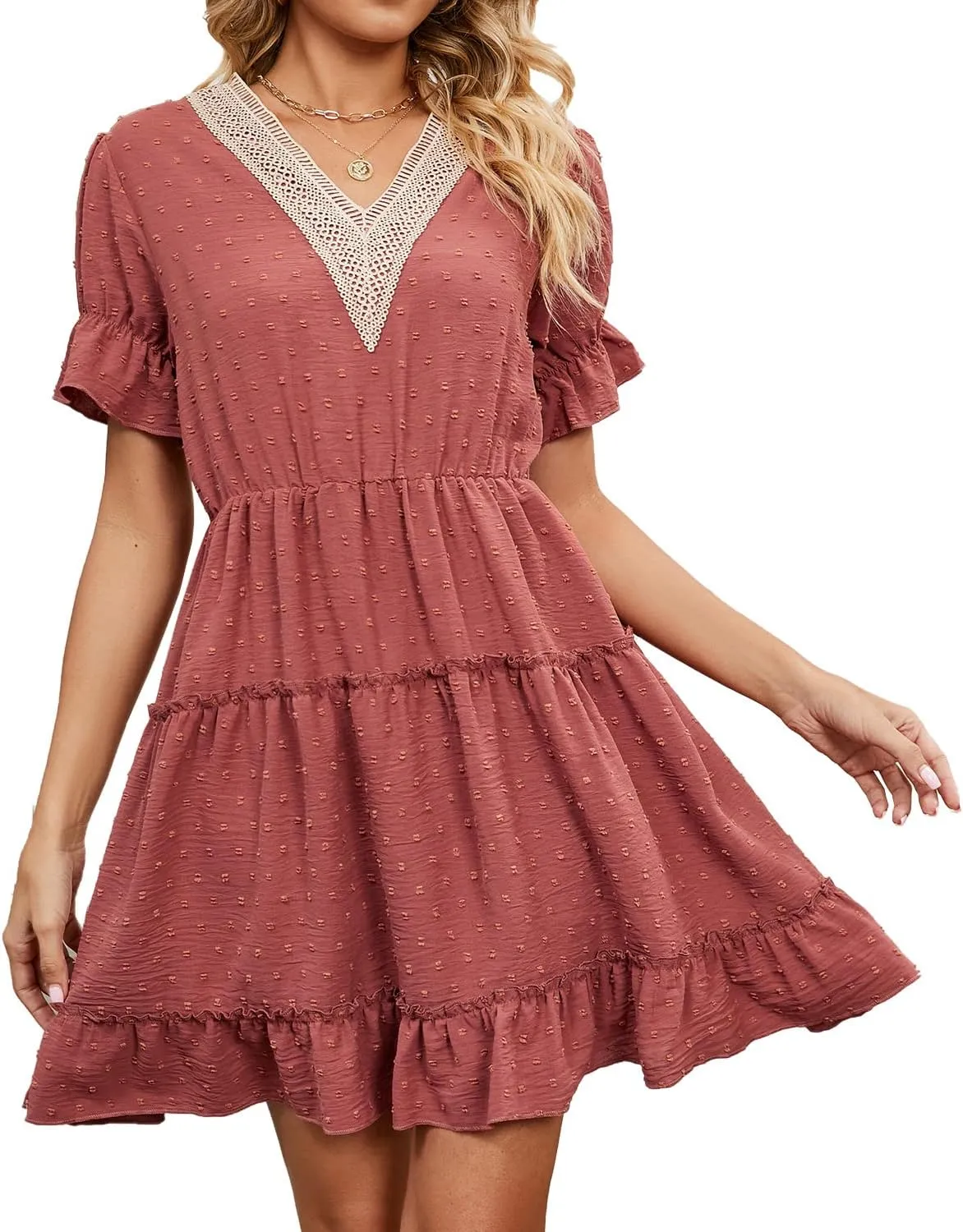 Women's V Neck Dresses, Jacquard Hairball Loose Fashion Solid Elastic Waist Dress, Summer Half Sleeve Beach Sundress