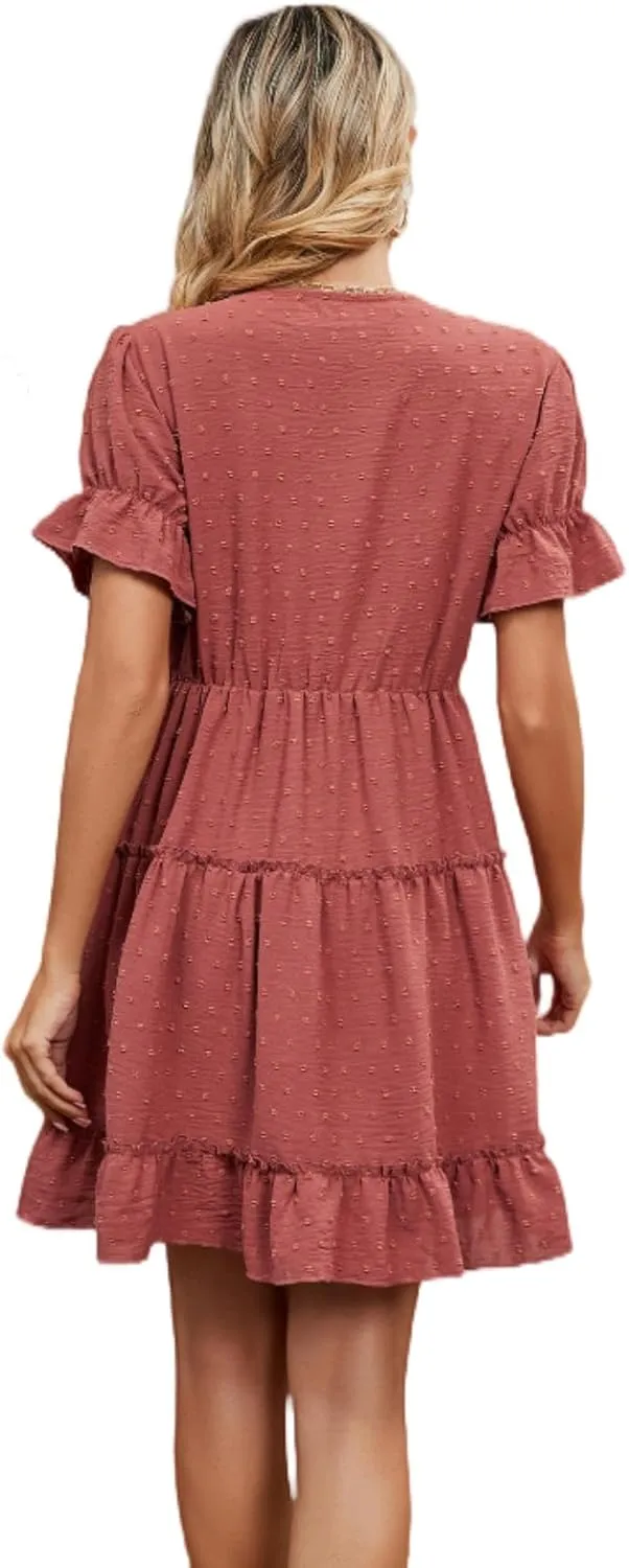 Women's V Neck Dresses, Jacquard Hairball Loose Fashion Solid Elastic Waist Dress, Summer Half Sleeve Beach Sundress