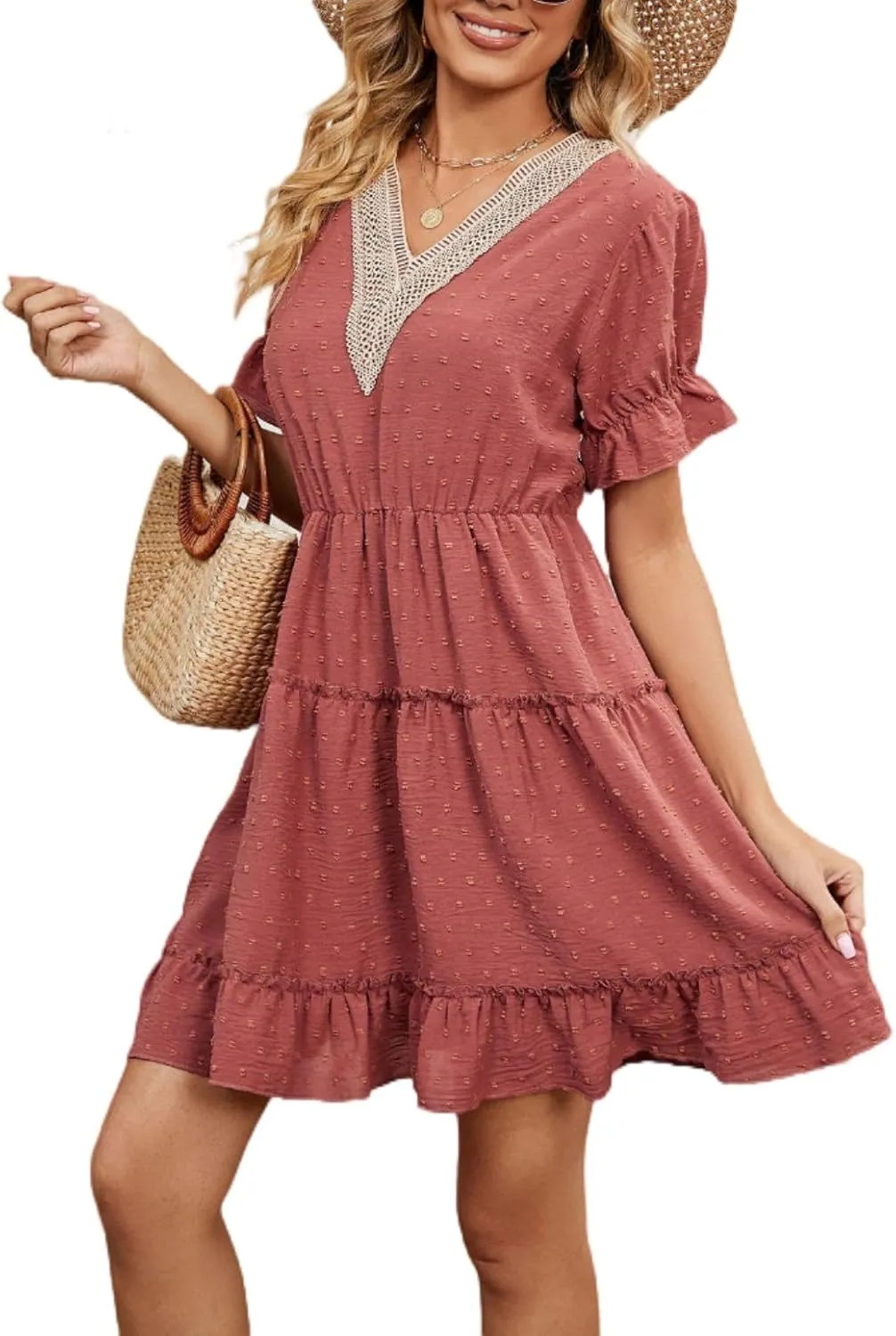 Women's V Neck Dresses, Jacquard Hairball Loose Fashion Solid Elastic Waist Dress, Summer Half Sleeve Beach Sundress