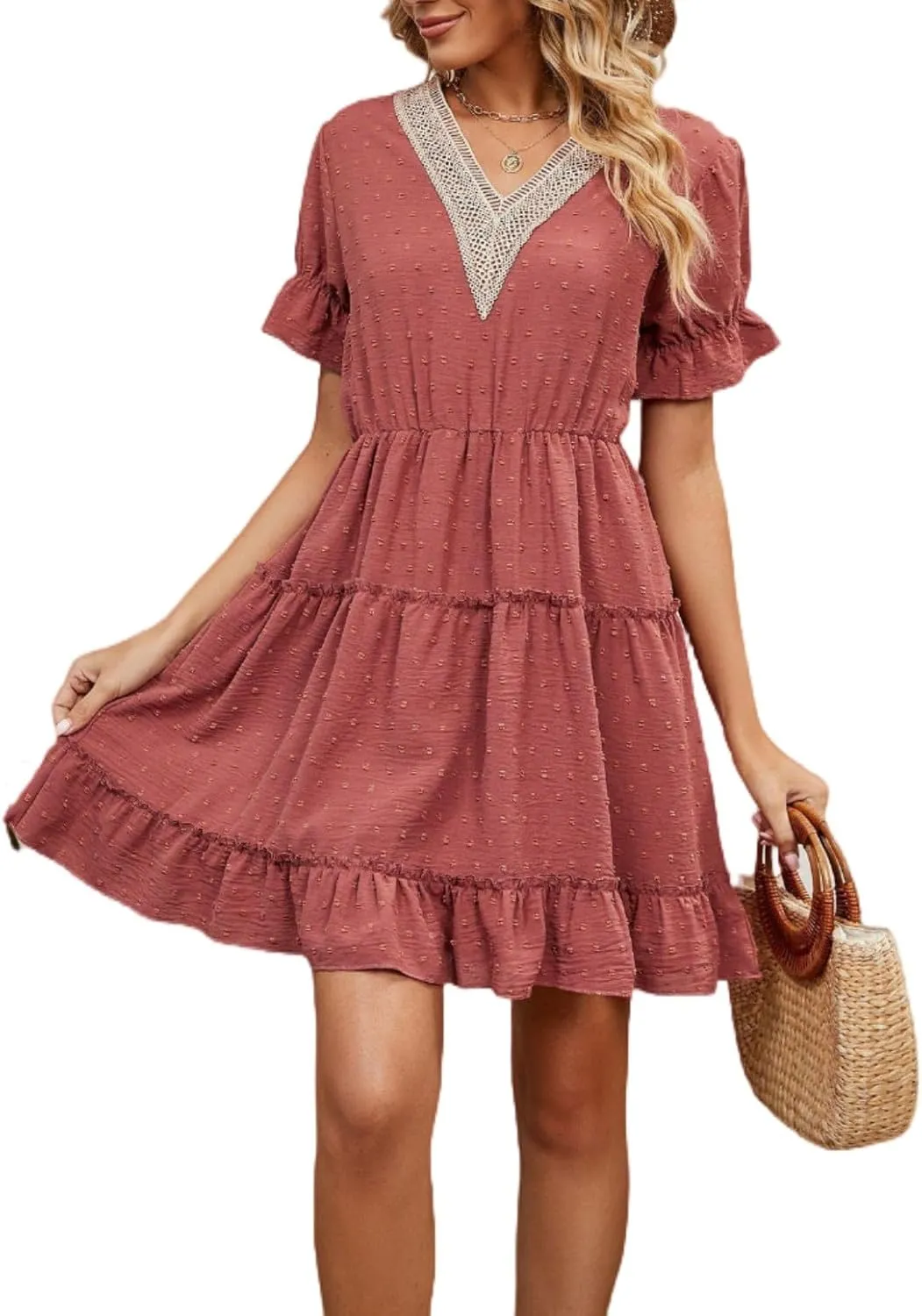 Women's V Neck Dresses, Jacquard Hairball Loose Fashion Solid Elastic Waist Dress, Summer Half Sleeve Beach Sundress