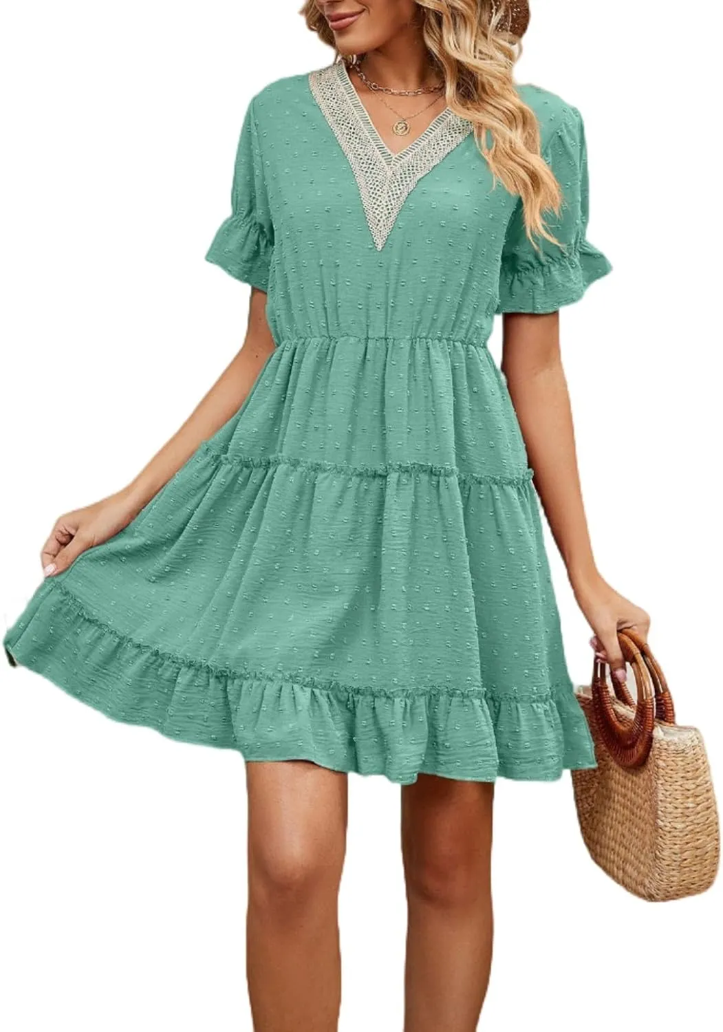 Women's V Neck Dresses, Jacquard Hairball Loose Fashion Solid Elastic Waist Dress, Summer Half Sleeve Beach Sundress