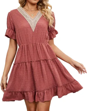 Women's V Neck Dresses, Jacquard Hairball Loose Fashion Solid Elastic Waist Dress, Summer Half Sleeve Beach Sundress