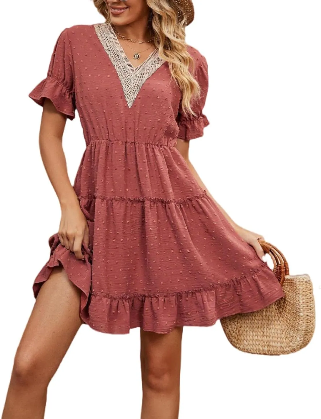 Women's V Neck Dresses, Jacquard Hairball Loose Fashion Solid Elastic Waist Dress, Summer Half Sleeve Beach Sundress
