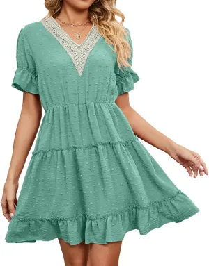 Women's V Neck Dresses, Jacquard Hairball Loose Fashion Solid Elastic Waist Dress, Summer Half Sleeve Beach Sundress