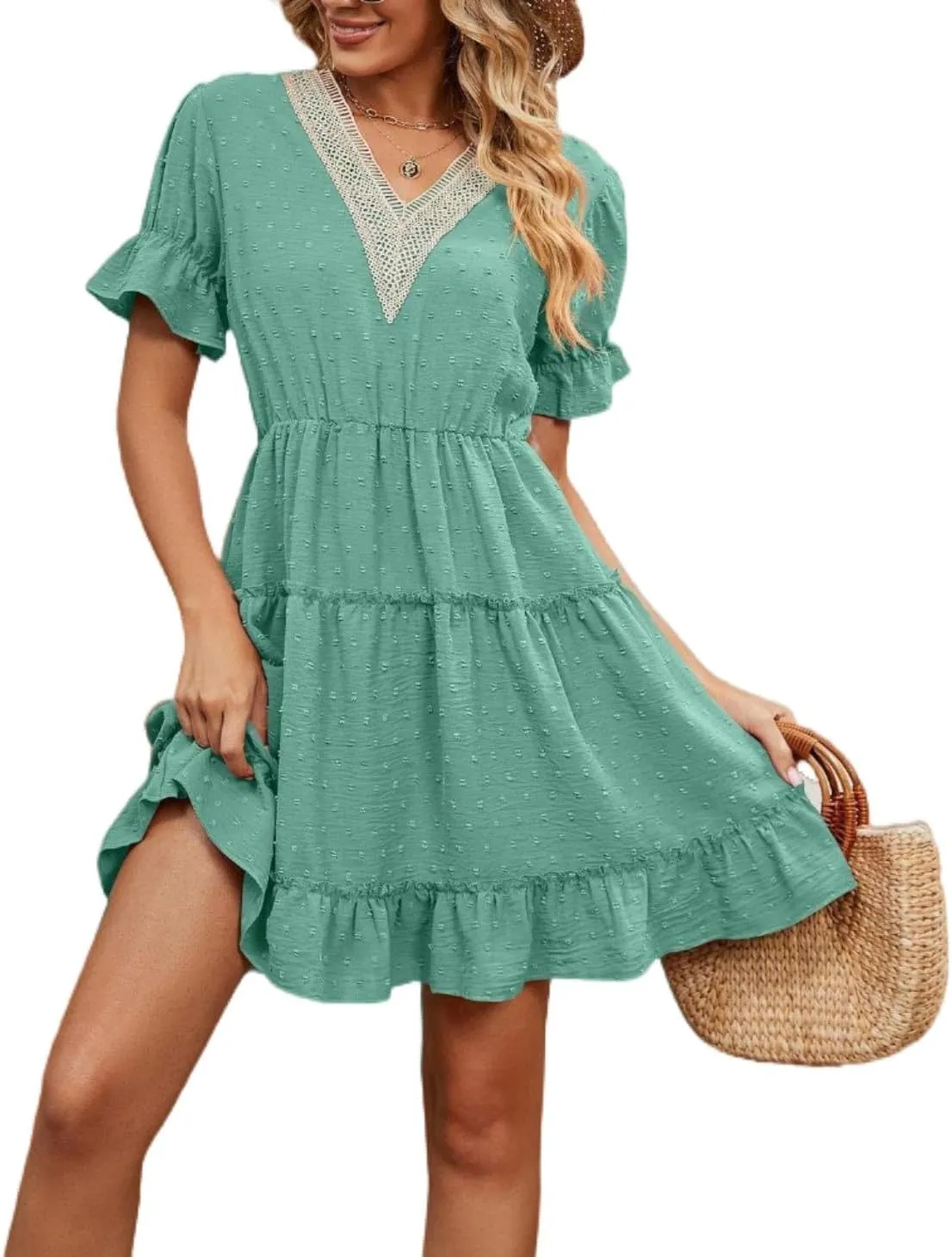 Women's V Neck Dresses, Jacquard Hairball Loose Fashion Solid Elastic Waist Dress, Summer Half Sleeve Beach Sundress