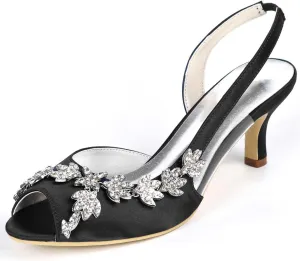 Womens Wedding Shoes Wedding Heels Peep Toe Wedding Shoes for Bride High Heels Slip On Rhinestones Bridal Shoes Satin Evening Party Prom Dress(Black,4.5 UK)