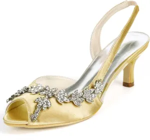 Womens Wedding Shoes Wedding Heels Peep Toe Wedding Shoes for Bride High Heels Slip On Rhinestones Bridal Shoes Satin Evening Party Prom Dress(Gold,5.5 UK)