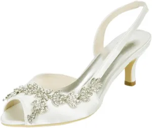 Womens Wedding Shoes Wedding Heels Peep Toe Wedding Shoes for Bride High Heels Slip On Rhinestones Bridal Shoes Satin Evening Party Prom Dress(Ivory,4 UK)