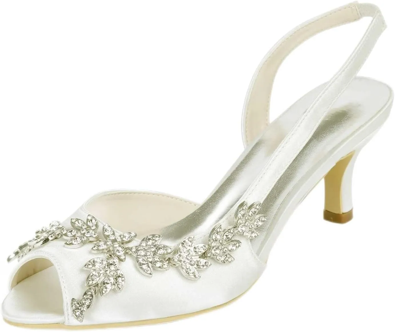 Womens Wedding Shoes Wedding Heels Peep Toe Wedding Shoes for Bride High Heels Slip On Rhinestones Bridal Shoes Satin Evening Party Prom Dress(Ivory,4 UK)