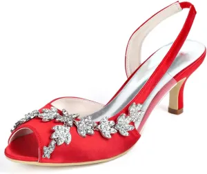 Womens Wedding Shoes Wedding Heels Peep Toe Wedding Shoes for Bride High Heels Slip On Rhinestones Bridal Shoes Satin Evening Party Prom Dress(Red,3.5 UK)