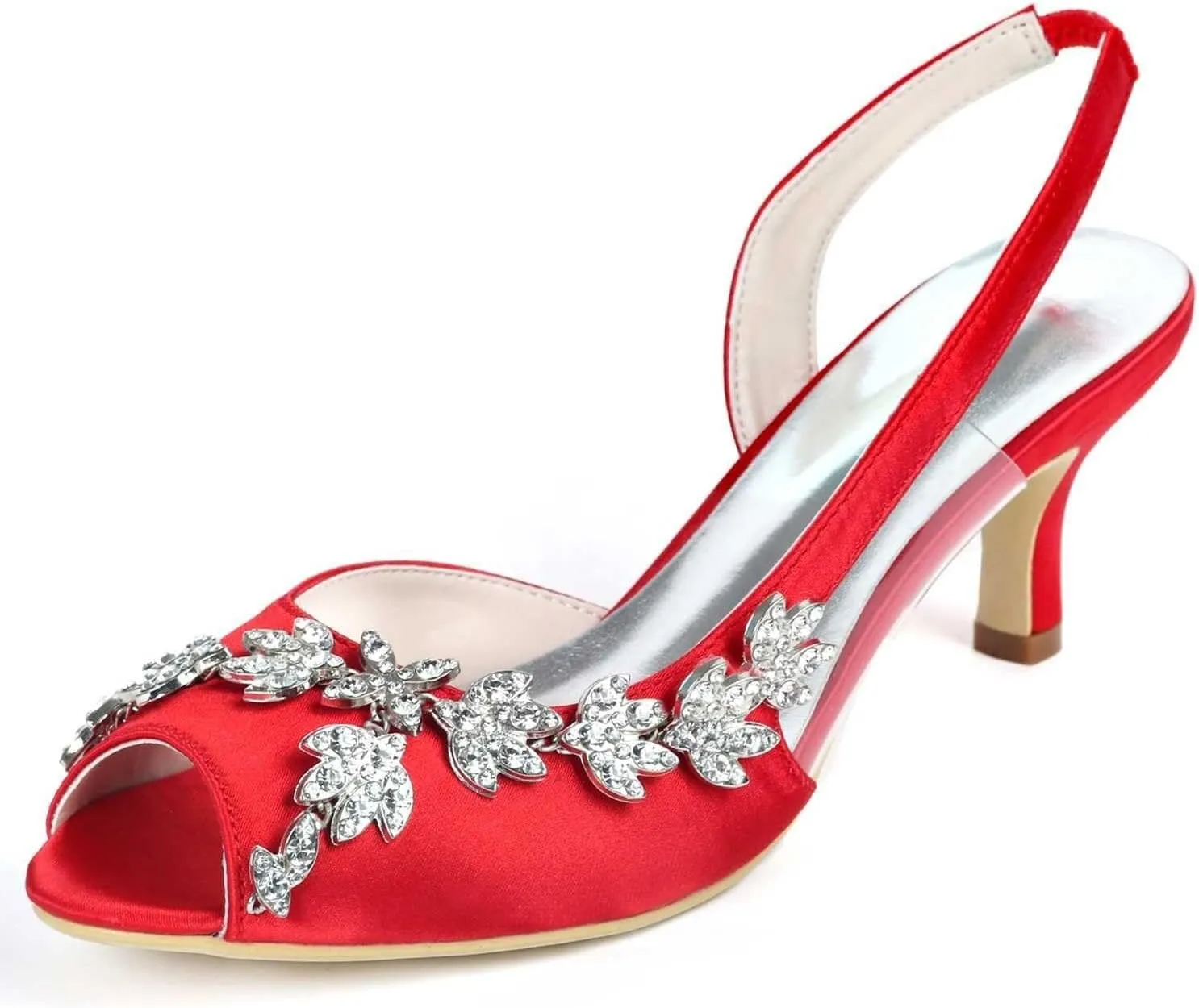 Womens Wedding Shoes Wedding Heels Peep Toe Wedding Shoes for Bride High Heels Slip On Rhinestones Bridal Shoes Satin Evening Party Prom Dress(Red,4.5 UK)