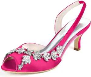 Womens Wedding Shoes Wedding Heels Peep Toe Wedding Shoes for Bride High Heels Slip On Rhinestones Bridal Shoes Satin Evening Party Prom Dress(Rose Red,6.5 UK)