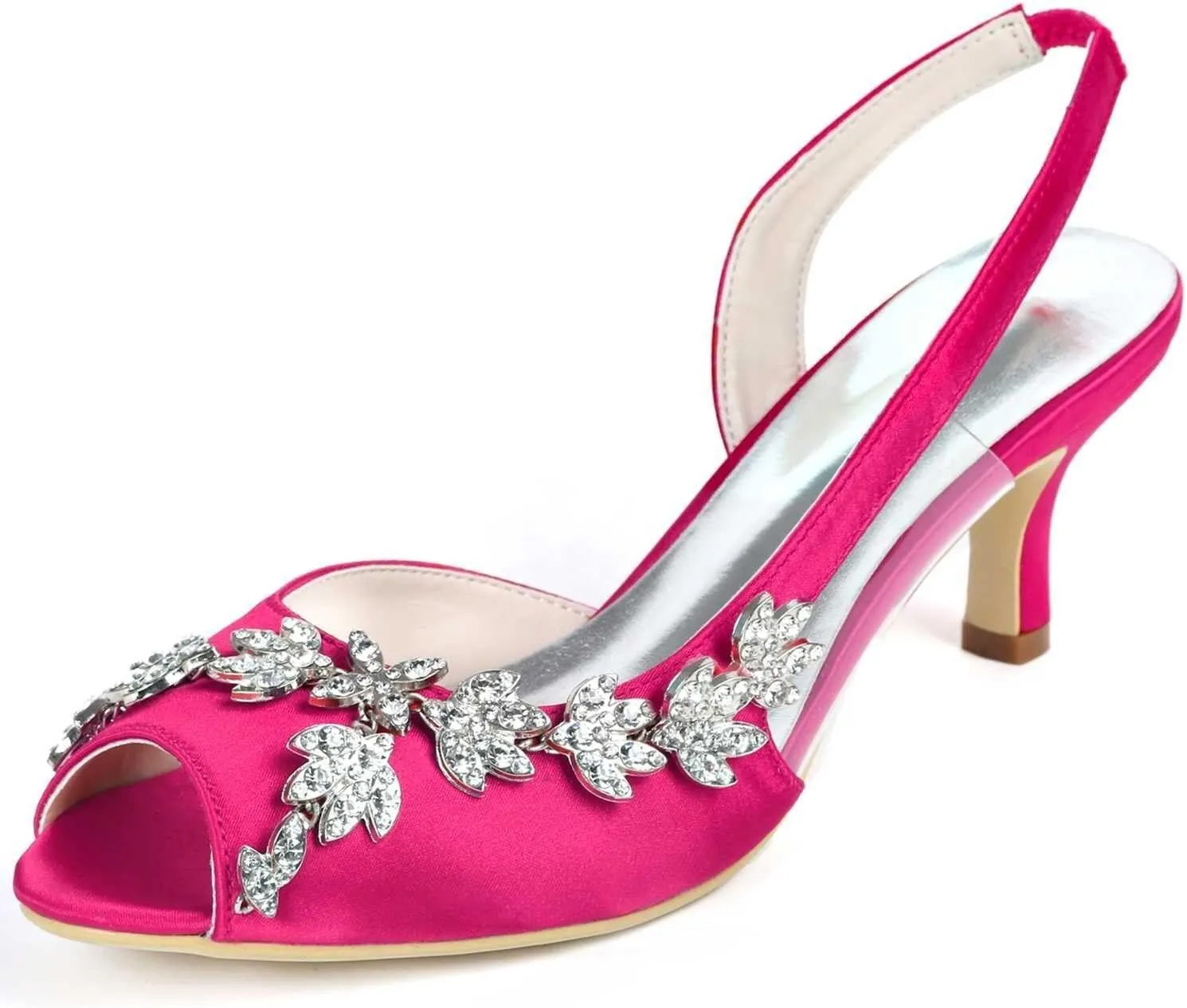 Womens Wedding Shoes Wedding Heels Peep Toe Wedding Shoes for Bride High Heels Slip On Rhinestones Bridal Shoes Satin Evening Party Prom Dress(Rose Red,7 UK)