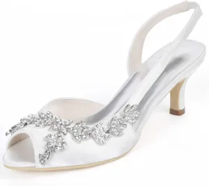 Womens Wedding Shoes Wedding Heels Peep Toe Wedding Shoes for Bride High Heels Slip On Rhinestones Bridal Shoes Satin Evening Party Prom Dress(White,4 UK)