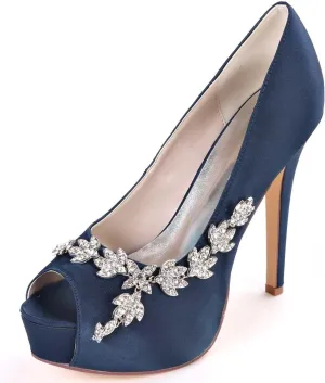 Womens Wedding Shoes Wedding Shoes for Bride High Heel Platform Bridal Shoes Rhinestones Wedding Heels for Women Pumps Satin Evening Party Prom Dress Shoes Dark Purple(Dark Blue,3 UK)