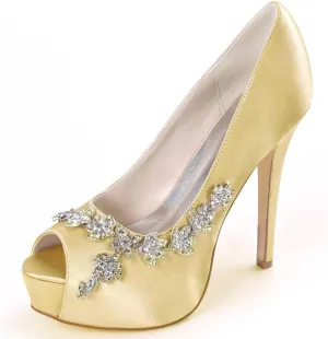Womens Wedding Shoes Wedding Shoes for Bride High Heel Platform Bridal Shoes Rhinestones Wedding Heels for Women Pumps Satin Evening Party Prom Dress Shoes Dark Purple(Gold,5 UK)