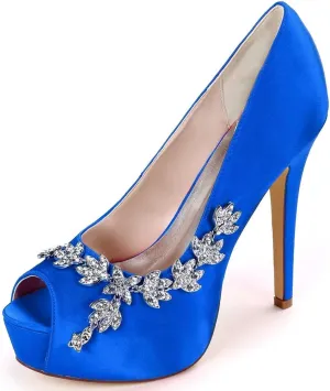 Womens Wedding Shoes Wedding Shoes for Bride High Heel Platform Bridal Shoes Rhinestones Wedding Heels for Women Pumps Satin Evening Party Prom Dress Shoes Dark Purple(Royal Blue,4 UK)