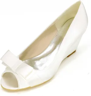 Womens Wedding Shoes Women's Wedding Shoes Peep Toe 2.55 Inches High Heels Satin Wedge Pumps with Slip On Flower Bridal Shoes(Ivory,4 UK)