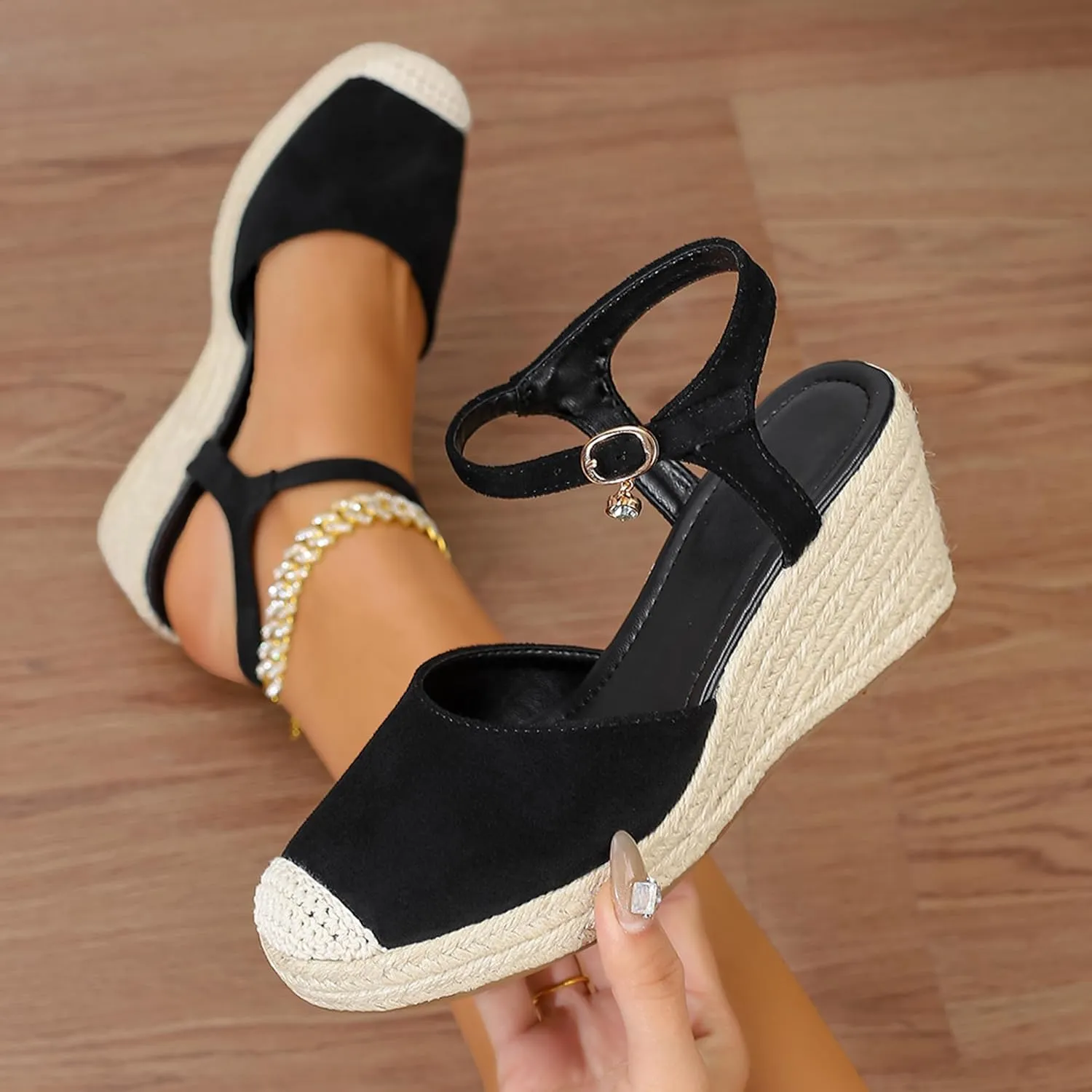 Women's Wedge Sandals, Closed Toe Espadrilles Sandals with Adjustable Ankle Straps & Cushion Insoles Casual Comfortable Wedge Sandals