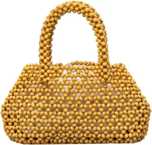 Womens Wooden Handbag Handmade Woven Bead Tote Bag Small Hollow Summer Beach Casual Bucket Purse for Vacation