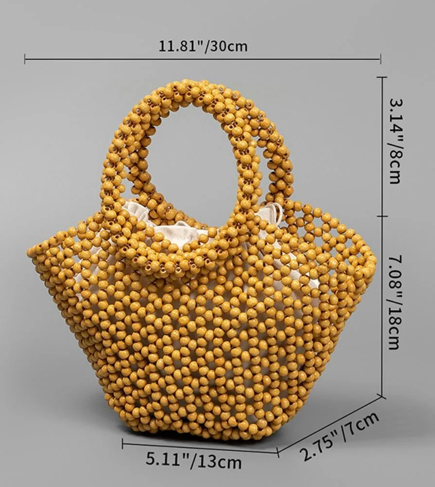 Womens Wooden Handbag Handmade Woven Bead Tote Bag Small Hollow Summer Beach Casual Bucket Purse for Vacation
