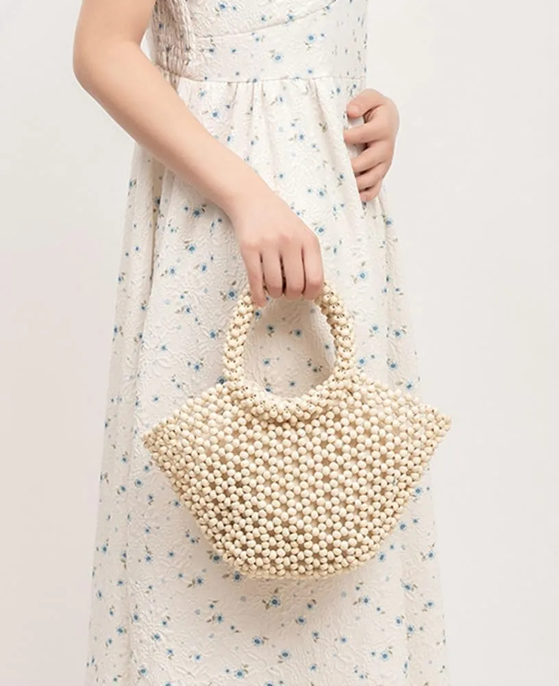 Womens Wooden Handbag Handmade Woven Bead Tote Bag Small Hollow Summer Beach Casual Bucket Purse for Vacation
