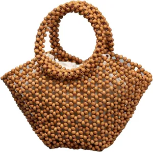 Womens Wooden Handbag Handmade Woven Bead Tote Bag Small Hollow Summer Beach Casual Bucket Purse for Vacation